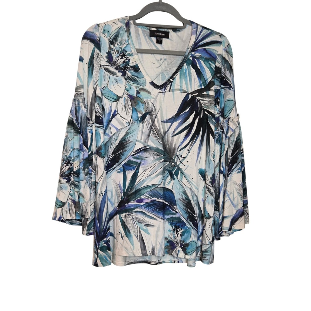 Karen Kane Sea Glass Tropical Print Bell Sleeve Top‎ Blue Floral Jersey Blouse M